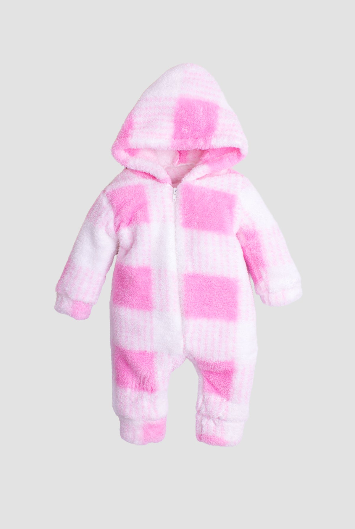 Kız Bebek Ekose Desenli Kapüşonlu Fermuarlı Peluş Tulum 0-12 Ay